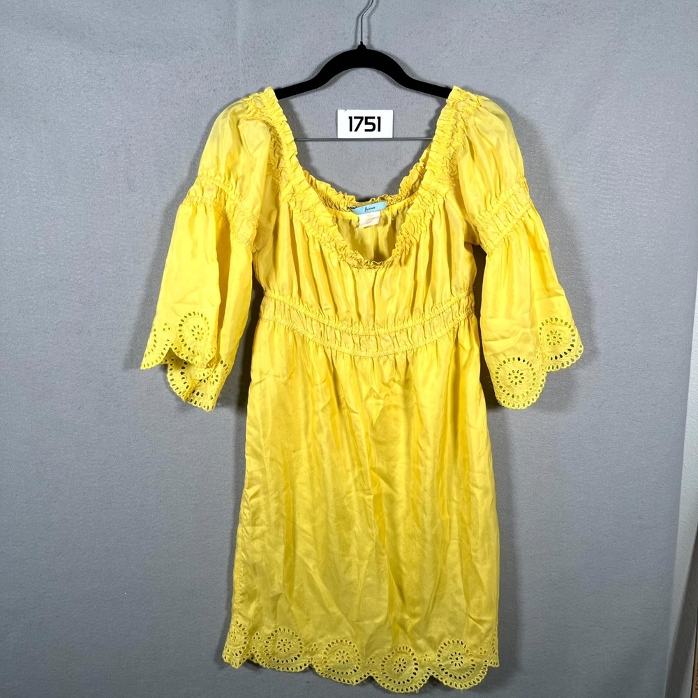 Marciano Mini Dress Womens XS Yellow Silk Empire Waist Lace Lace Off Shoulder